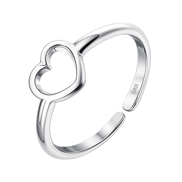 An adjustable toe ring with an open heart motif, crafted in polished 925 sterling silver and shown on a white background.