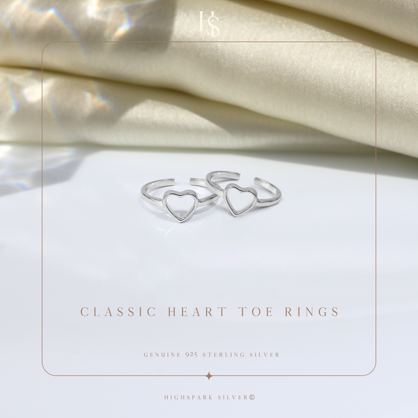 Classic Heart Toe Rings - Adjustable in 925 Sterling Silver - 2 Piece