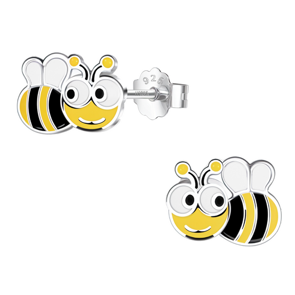 A pair of sterling silver stud earrings in a cartoon honeybee design with yellow, black, and white enamel, shown on a white background.