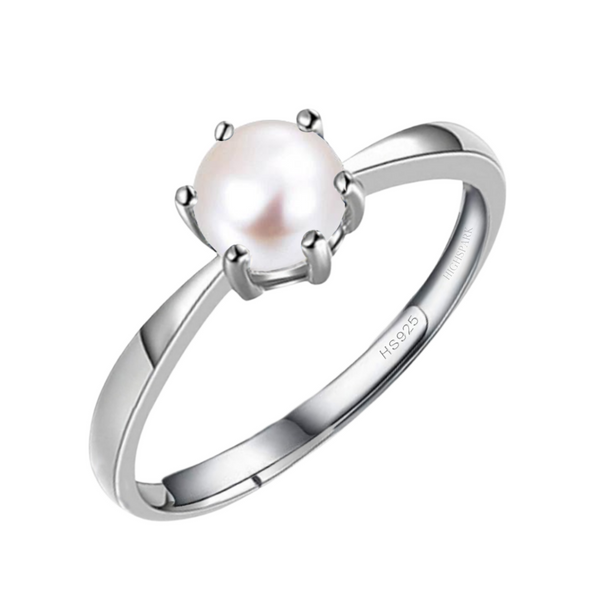 A classic adjustable ring with a single white pearl held in a six-prong setting on a polished sterling silver band.