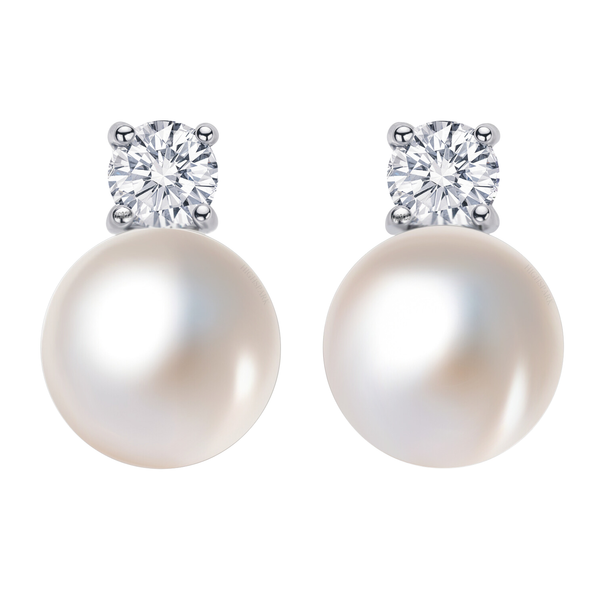 A pair of sterling silver stud earrings with a four-prong set American diamond above a lustrous white pearl, on a white background.