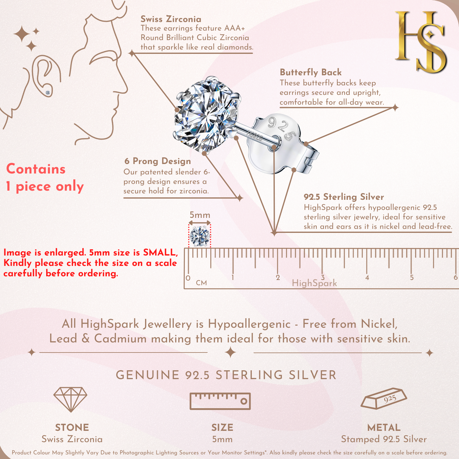 Classic Radiant 5MM Solitaire Stud in 925 Sterling Silver for Mens HighSpark