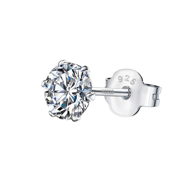 A classic solitaire ear stud for men with a round American diamond in a six-prong setting, crafted from 925 sterling silver.