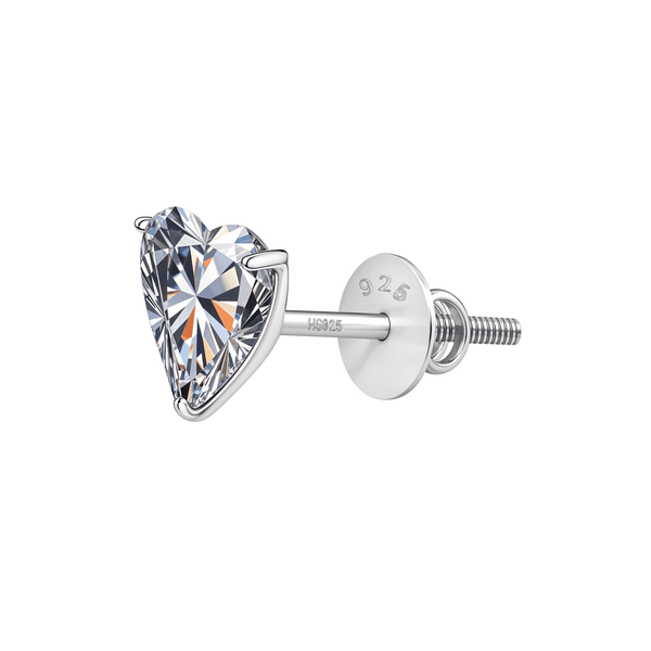 A single stud earring with a heart-shaped American diamond in a three-prong setting and a screw back, made of sterling silver.