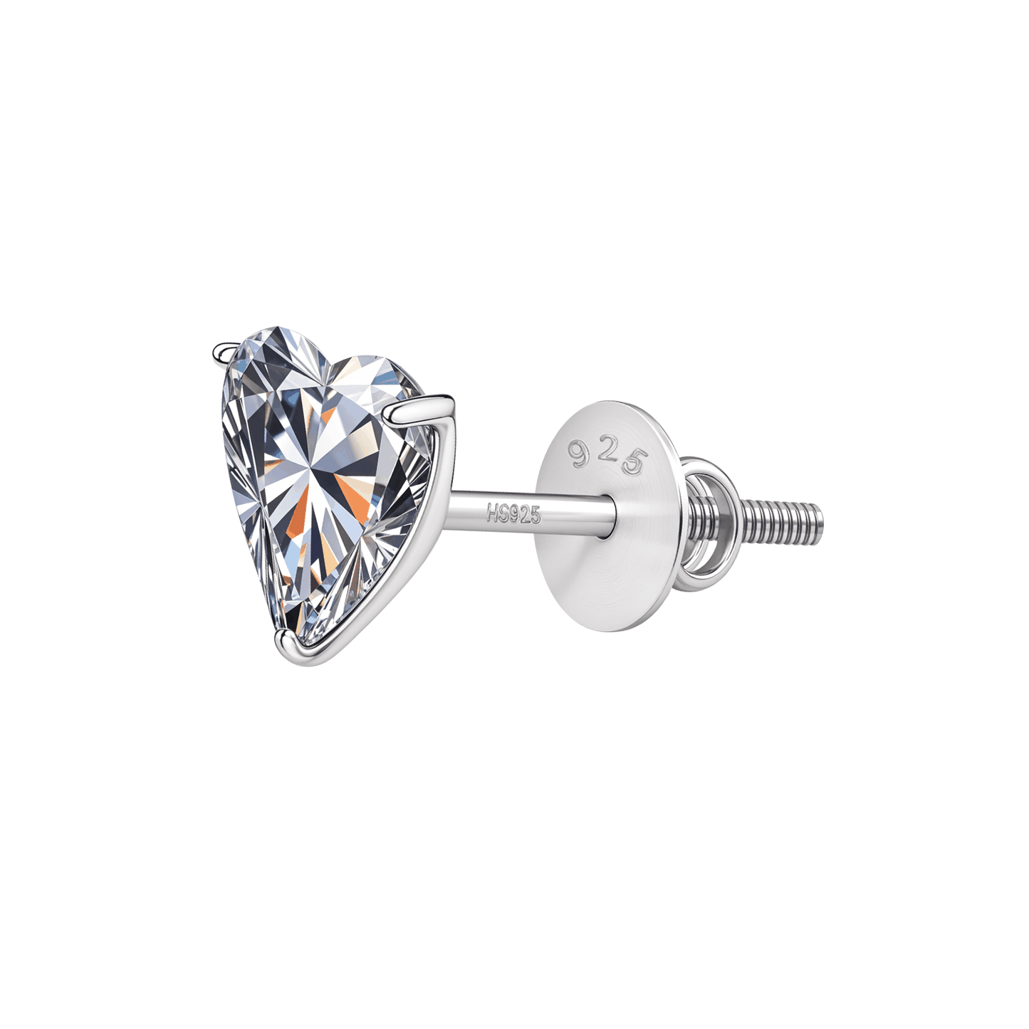 A single stud earring with a heart-shaped American diamond in a three-prong setting and a screw back, made of sterling silver.