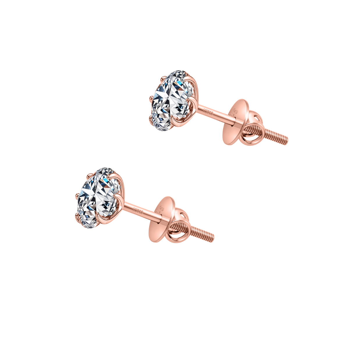 A pair of stud earrings with round American diamond solitaires in a six-prong setting and a rose gold finish, shown on a white background.