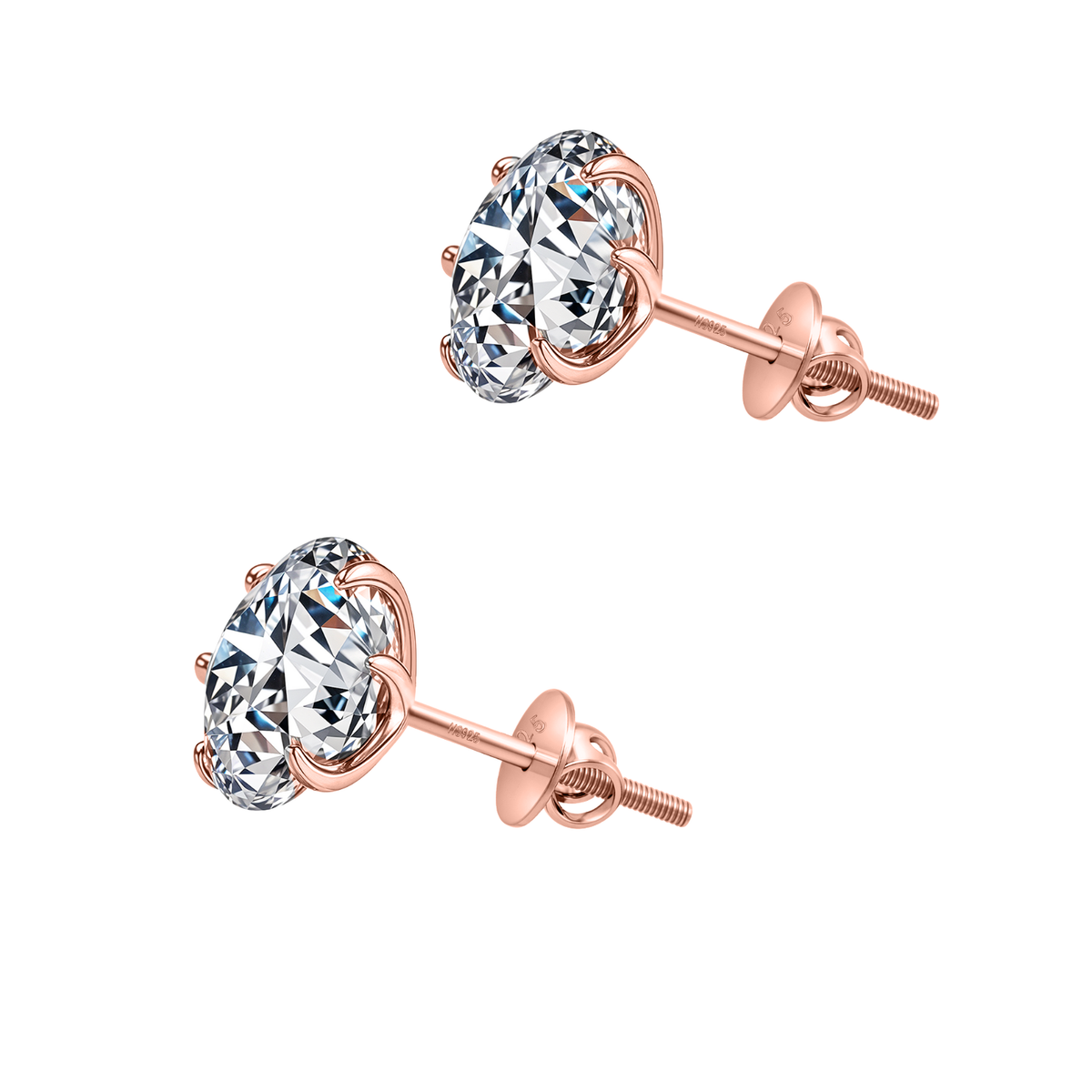 A pair of solitaire stud earrings with round American diamonds in a six-prong setting and secure screw backs.