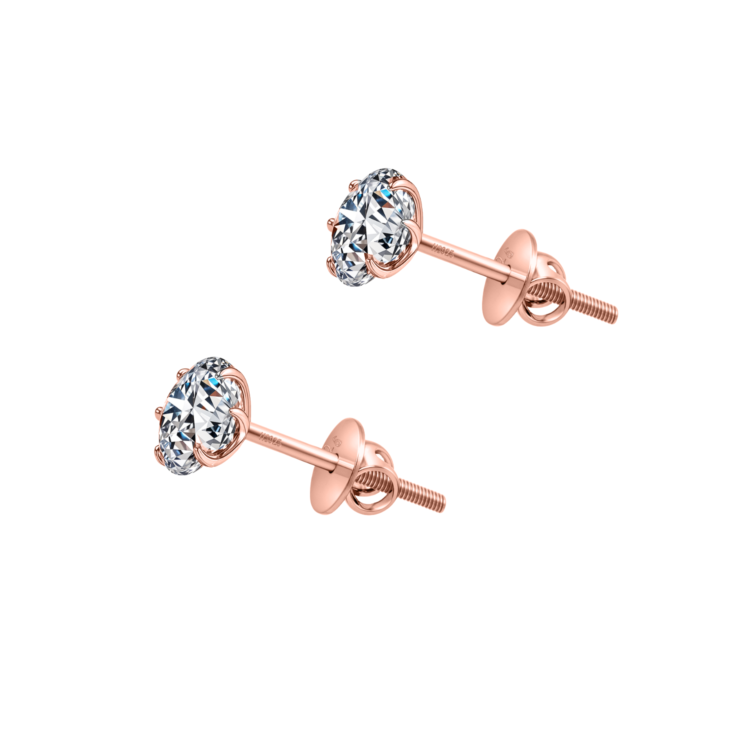 A pair of stud earrings with round American diamonds in a six-prong setting and a screw back, made from rose gold-plated sterling silver.