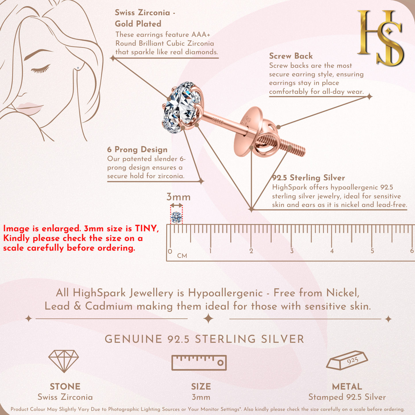 Classic Radiant Solitaire Screwback Stud Earrings in 925 Sterling Silver with 18k Rose Gold Finish For Women HighSpark
