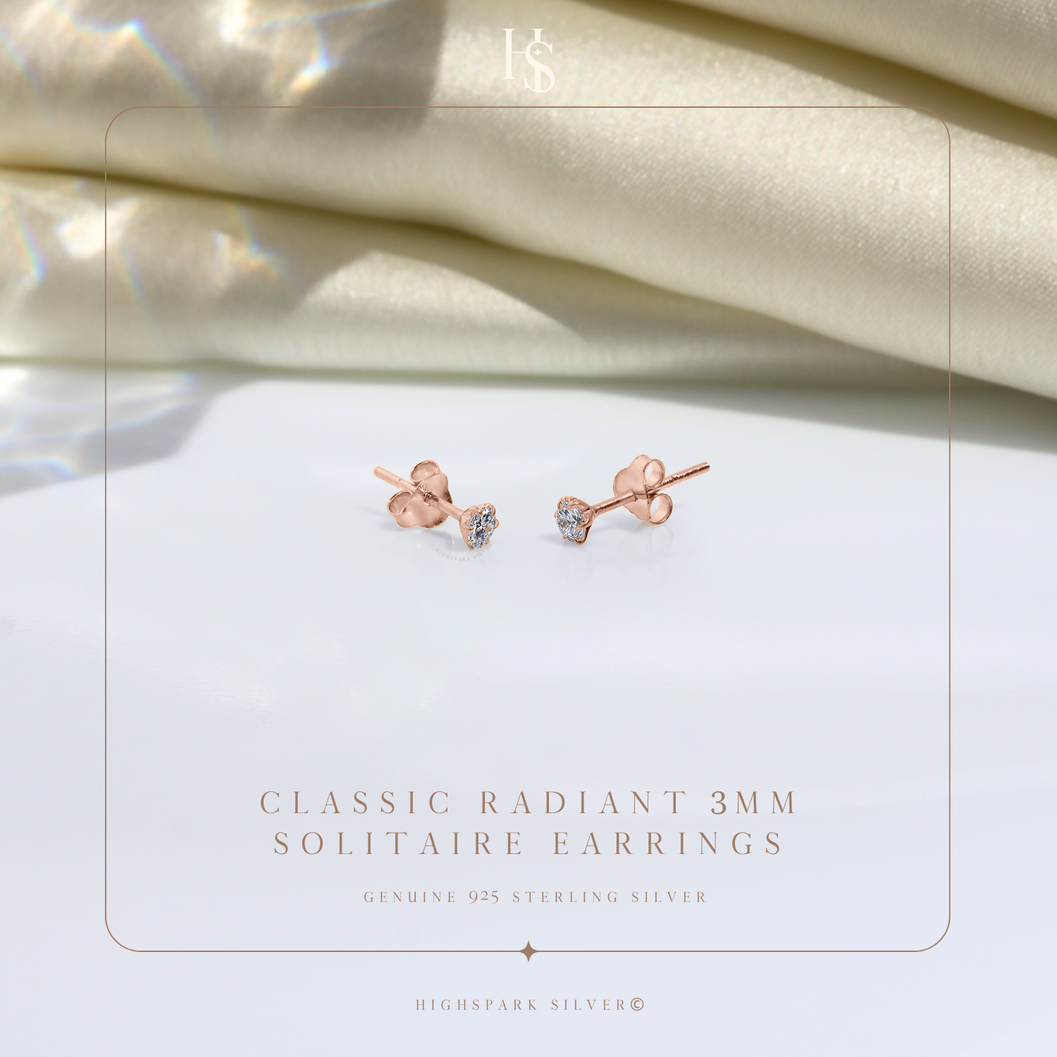Classic Radiant Solitaire Stud Earrings in 925 Sterling Silver with 18k Rose Gold Finish For Women HighSpark