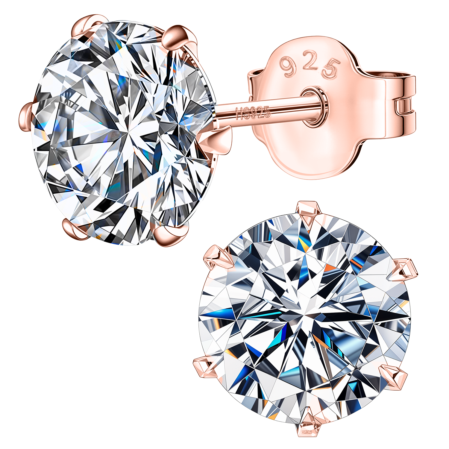 A pair of stud earrings with round American diamonds in a six-prong setting.