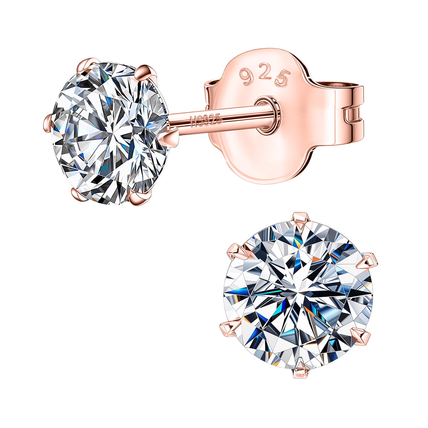A pair of solitaire stud earrings with round American diamonds in a six-prong setting, crafted from rose gold-plated sterling silver.