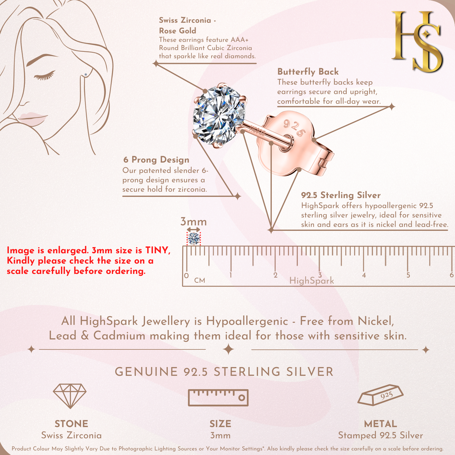 Classic Radiant Solitaire Stud Earrings in 925 Sterling Silver with 18k Rose Gold Finish For Women HighSpark