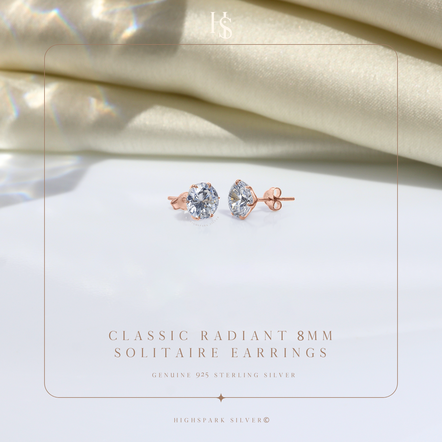 Classic Radiant Solitaire Stud Earrings in 925 Sterling Silver with 18k Rose Gold Finish For Women HighSpark