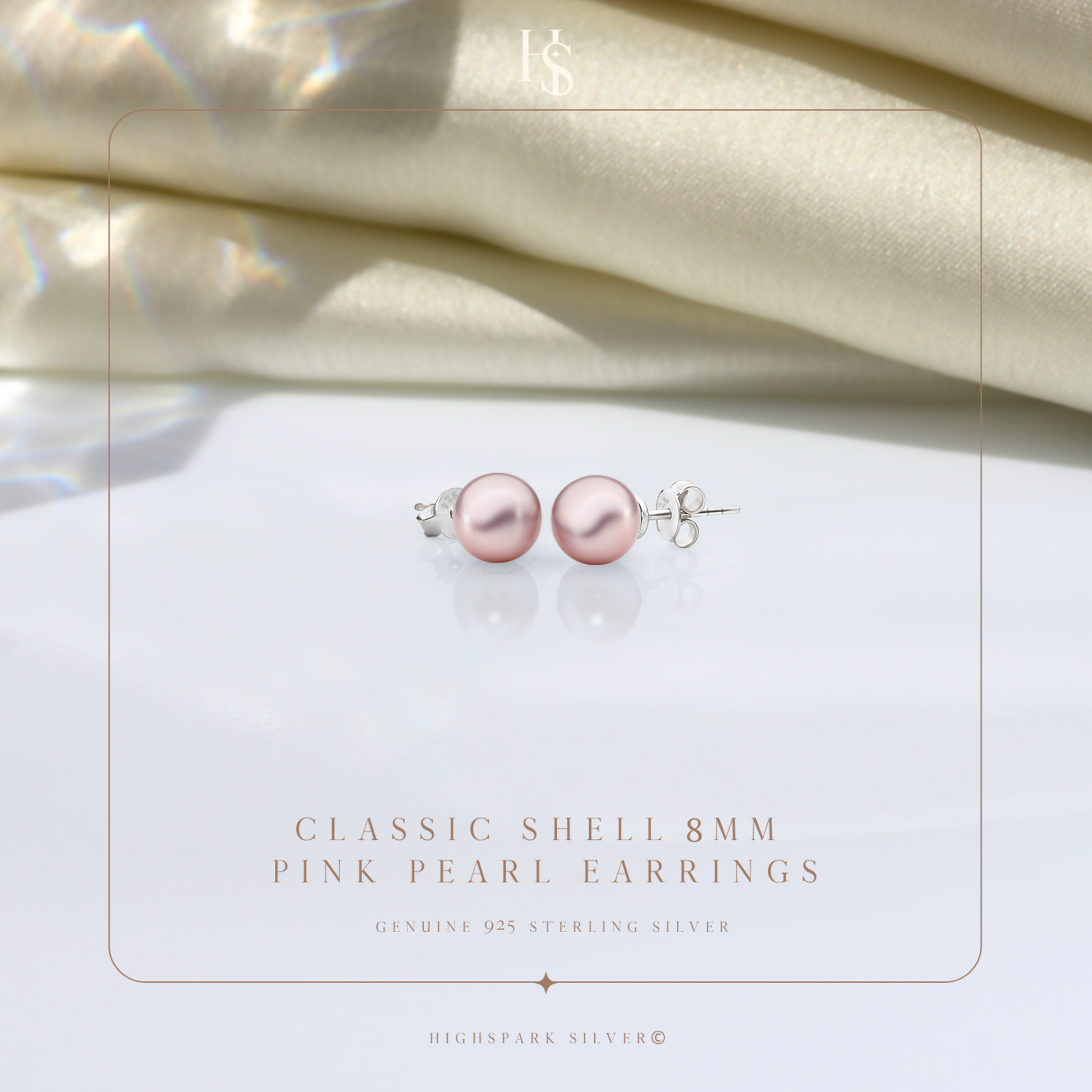Classic Shell 8MM Pink Pearl Stud Earrings in 925 Sterling Silver with 18k Gold Finish For Women HighSpark