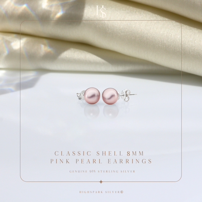 Classic Shell 8MM Pink Pearl Stud Earrings in 925 Sterling Silver with 18k Gold Finish For Women HighSpark