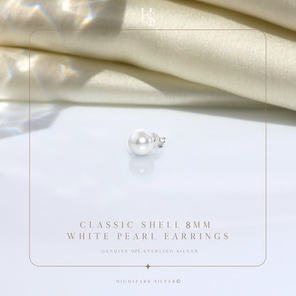 Classic Shell 8MM White Pearl Earring in 925 Sterling Silver For Mens HighSpark