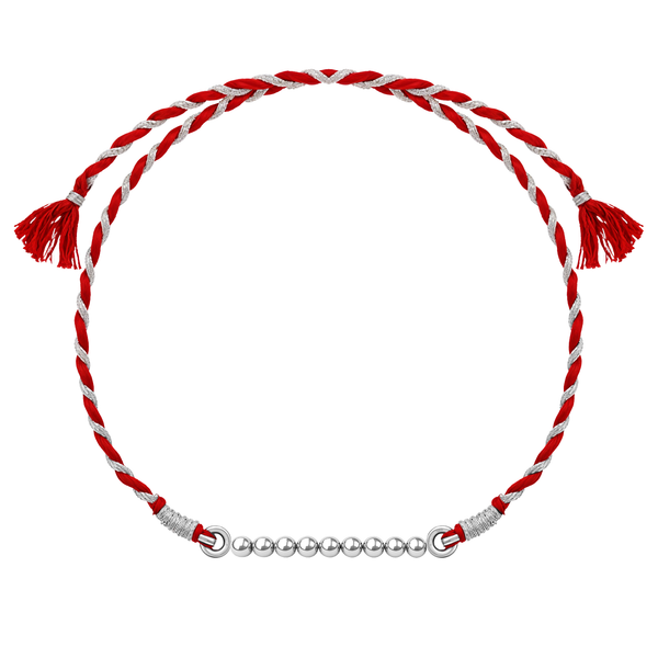 A classic silver rakhi for brother with a row of 925 sterling silver beads on a braided red and silver thread, shown on a white background.
