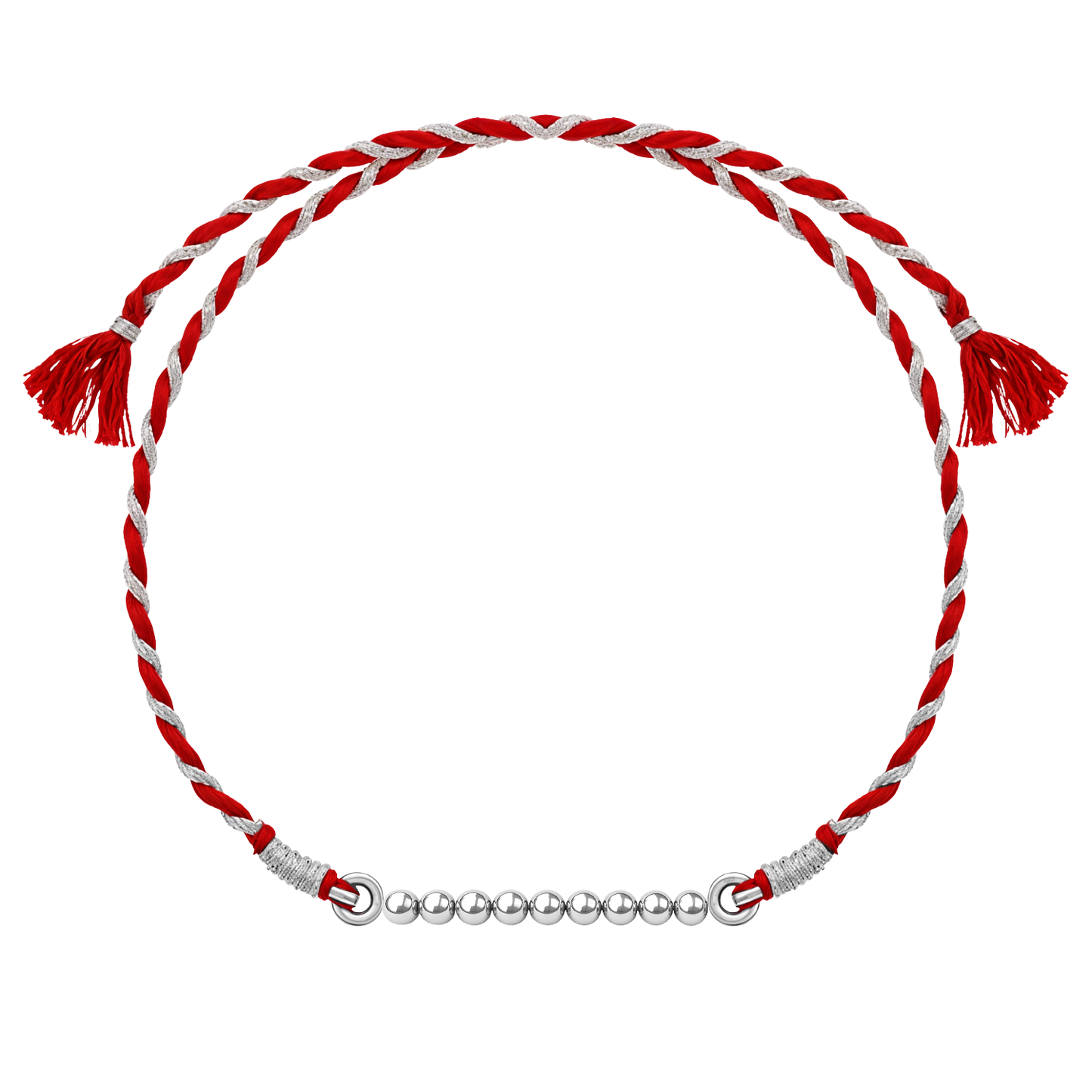 A classic silver rakhi for brother with a row of 925 sterling silver beads on a braided red and silver thread, shown on a white background.
