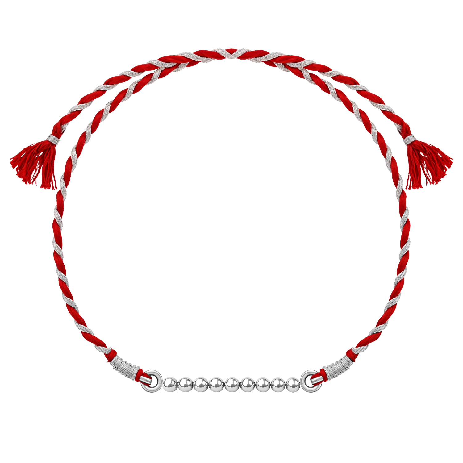 A classic silver rakhi for brother with a row of 925 sterling silver beads on a braided red and silver thread, shown on a white background.