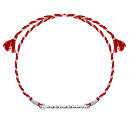 A classic silver rakhi for brother with a row of 925 sterling silver beads on a braided red and silver thread, shown on a white background.