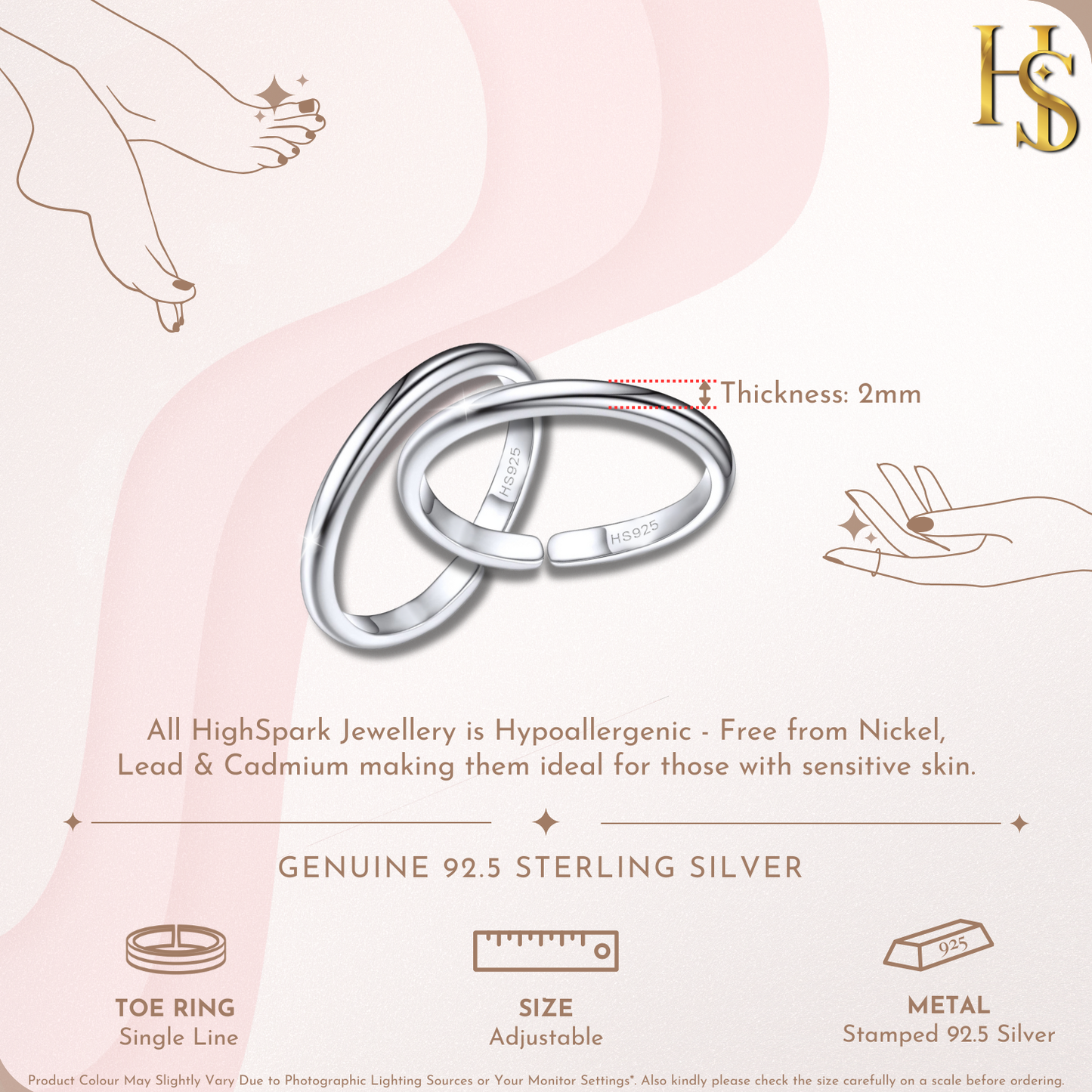 Classic Single Band Toe Rings - Band Rings - 925 Sterling Silver - 2 Pieces HighSpark