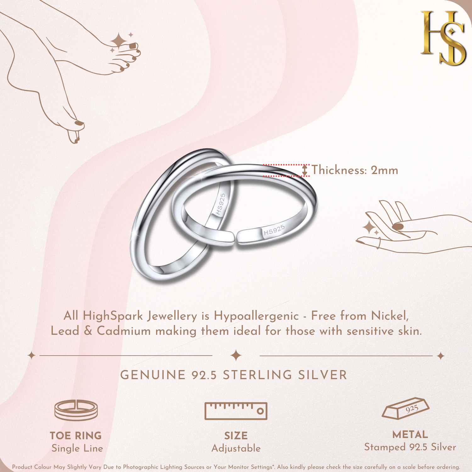 Classic Single Band Toe Rings - Band Rings - 925 Sterling Silver - 2 Pieces HighSpark