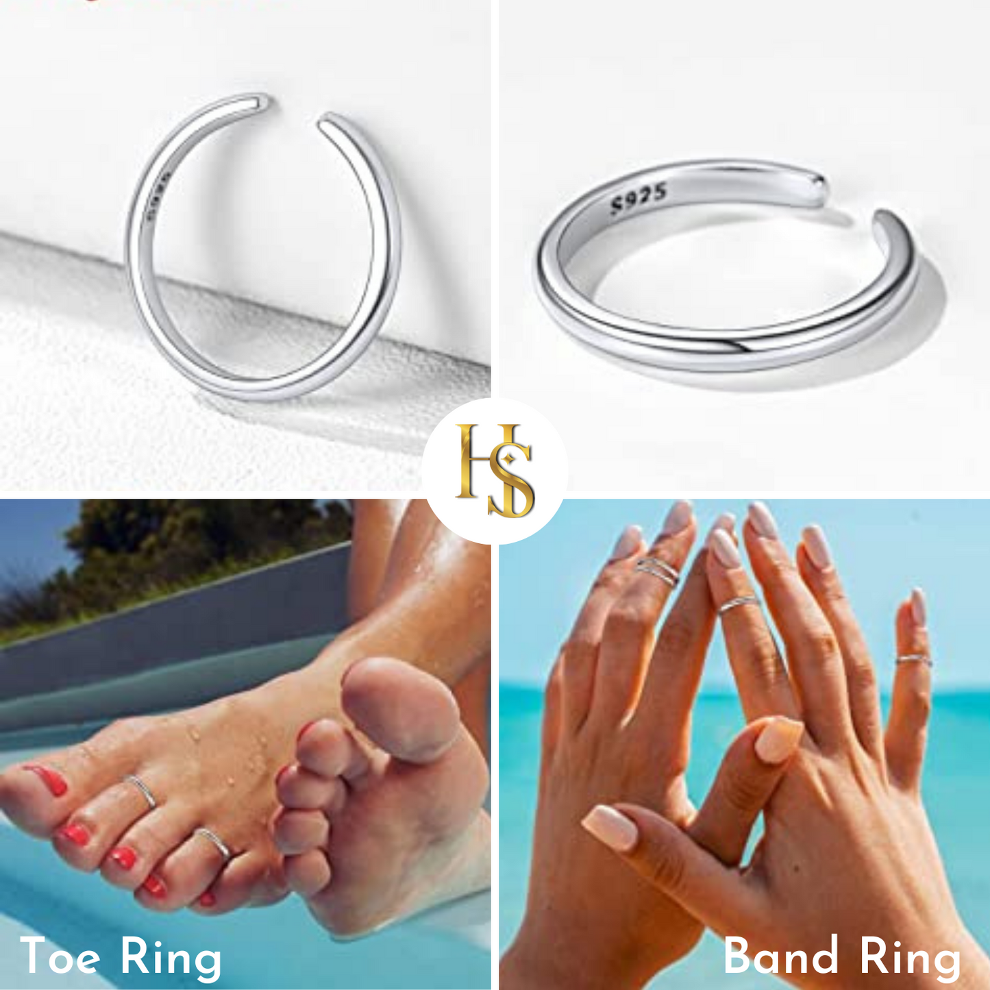 Classic Single Band Toe Rings - Band Rings - 925 Sterling Silver - 2 Pieces HighSpark