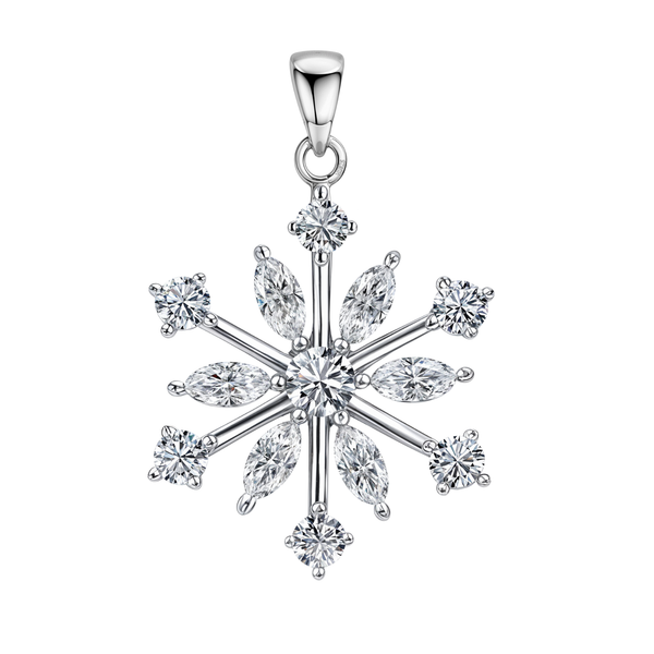 A snowflake pendant in sterling silver with a central round American diamond surrounded by marquise and round-cut stones on a white.