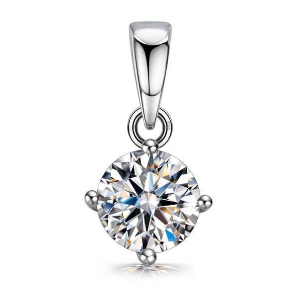 A solitaire pendant with a round American diamond in a four-prong setting, made of sterling silver on a plain white background.
