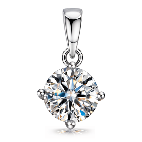 A solitaire pendant with a large, round American diamond in a four-prong setting.