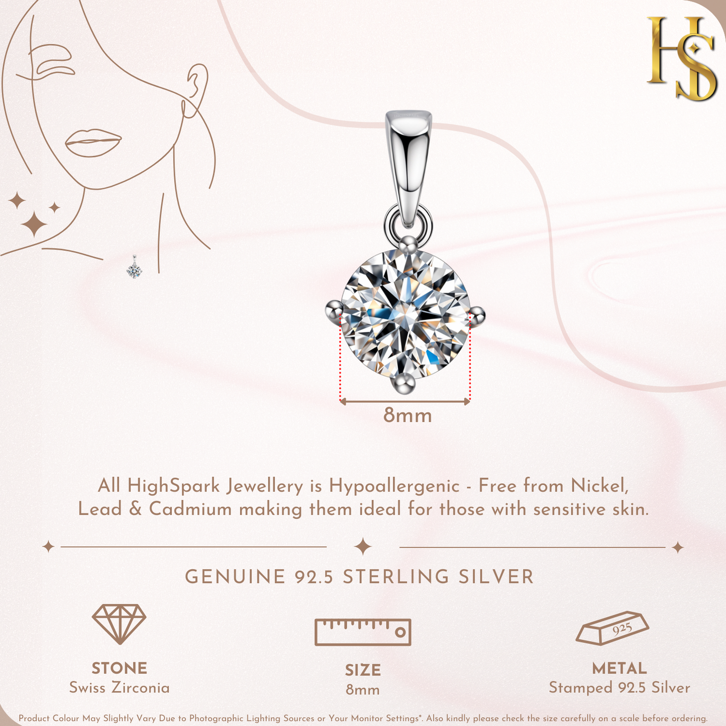 Classic Solitaire Pendant in 92.5 Sterling Silver With Diamond like Brilliance Zirconia- 8mm HighSpark