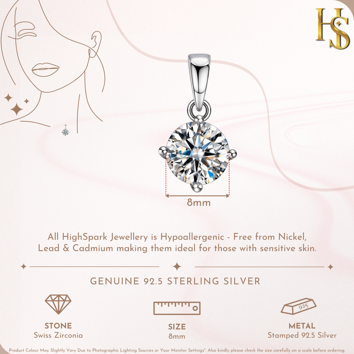 Classic Solitaire Pendant in 92.5 Sterling Silver With Diamond like Brilliance Zirconia- 8mm HighSpark