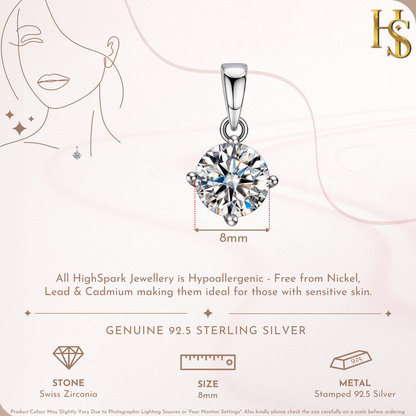 Classic Solitaire Pendant in 92.5 Sterling Silver With Diamond like Brilliance Zirconia- 8mm HighSpark