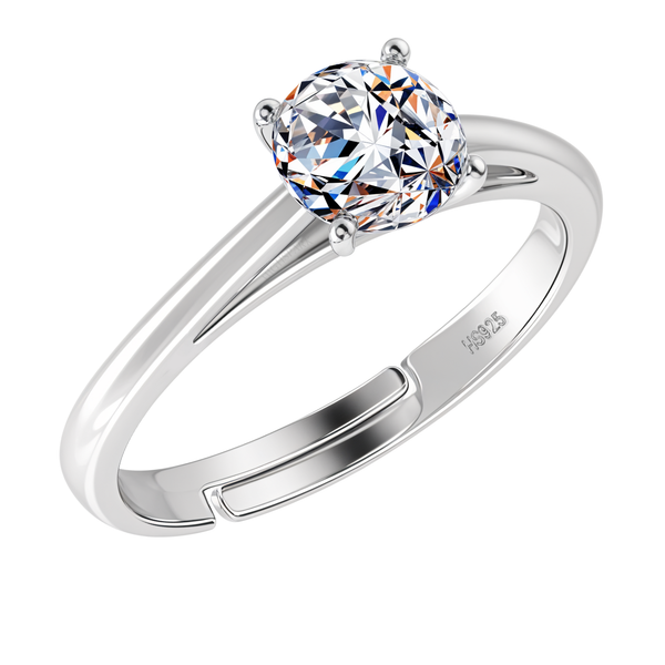 An adjustable solitaire ring with a round American diamond in a four-prong setting on a sterling silver band, shown on a white background.