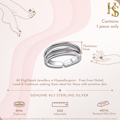 Classic Triple Band Toe Ring - Band Ring - 925 Sterling Silver - 1 Piece HighSpark