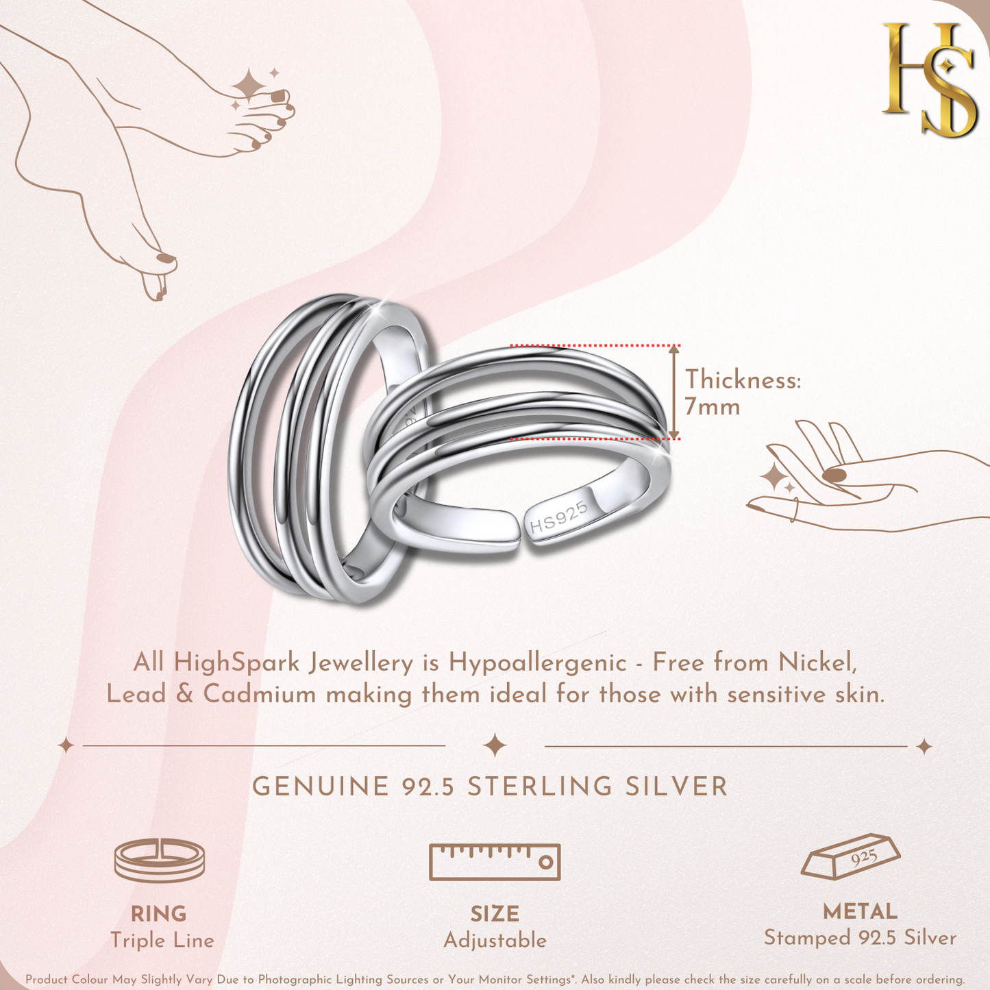 Classic Triple Band Toe Rings - Band Rings - 925 Sterling Silver - 2 Pieces HighSpark