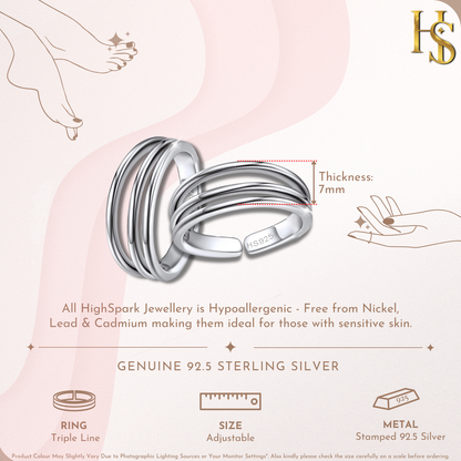 Classic Triple Band Toe Rings - Band Rings - 925 Sterling Silver - 2 Pieces HighSpark