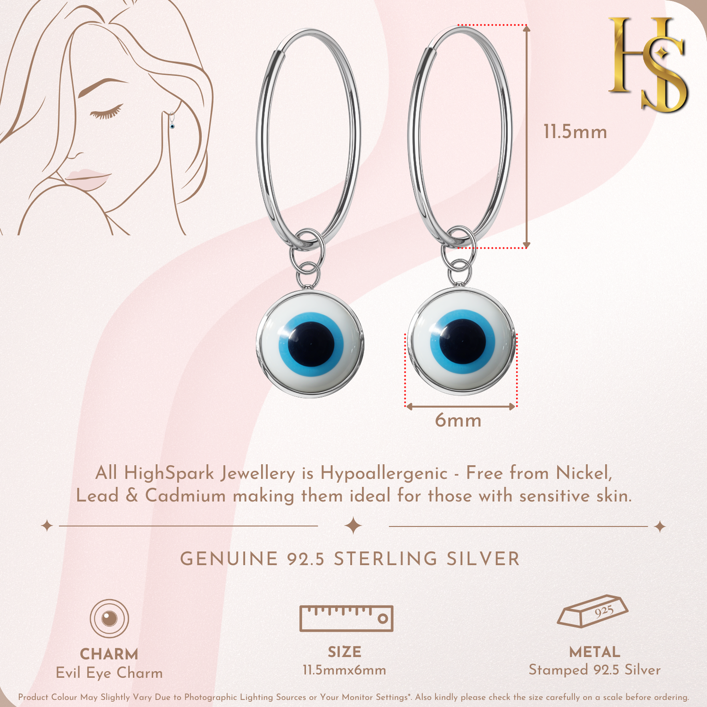 Infographic showing a pair of sterling silver hoop earrings with a dangling white and blue evil eye charm.