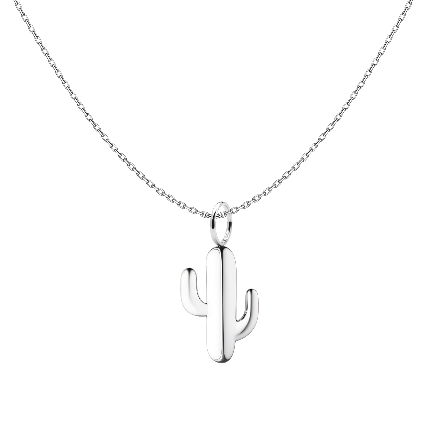 A minimalist cactus pendant necklace with a smooth, polished finish, crafted from sterling silver and shown on a white background.