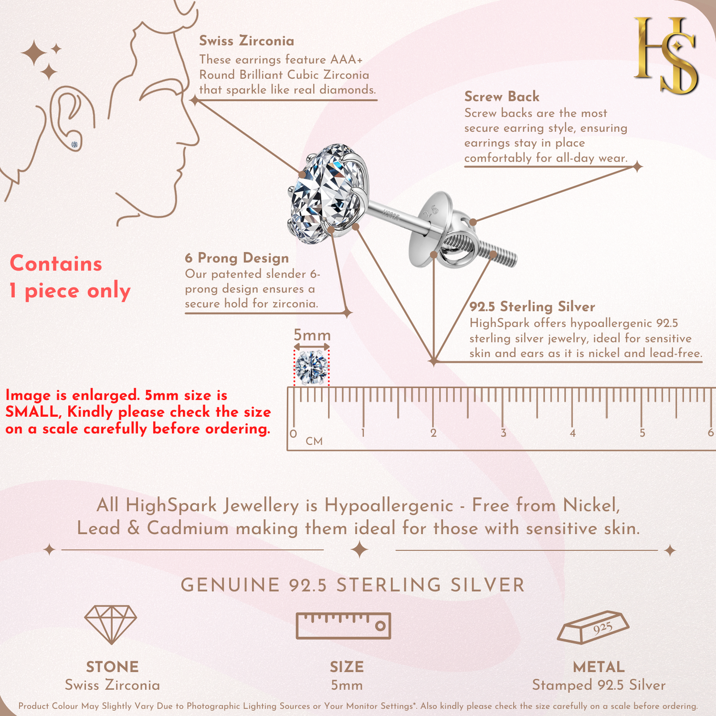 Classis Radiant 5MM Solitaire Screwback Stud in 925 Sterling Silver For Mens HighSpark