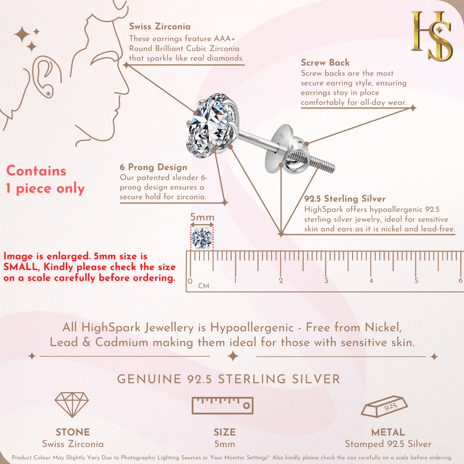 Classis Radiant 5MM Solitaire Screwback Stud in 925 Sterling Silver For Mens HighSpark