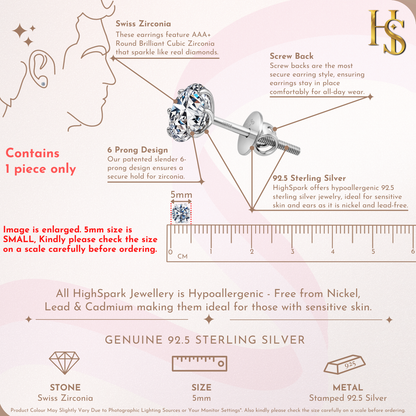 Classis Radiant 5MM Solitaire Screwback Stud in 925 Sterling Silver For Mens HighSpark