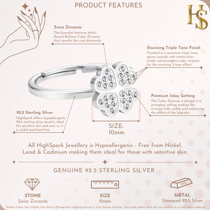 Infographic showing the features of a four-leaf clover adjustable ring, including its 10mm size, American diamond stones.