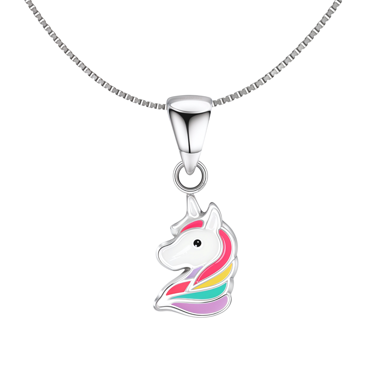 A unicorn head pendant with rainbow enamel mane on a sterling silver box chain, shown on a white background.