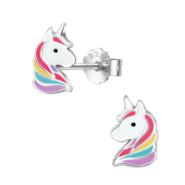 A pair of unicorn head stud earrings with a rainbow enamel mane, crafted in sterling silver with a push-back closure on a white background.