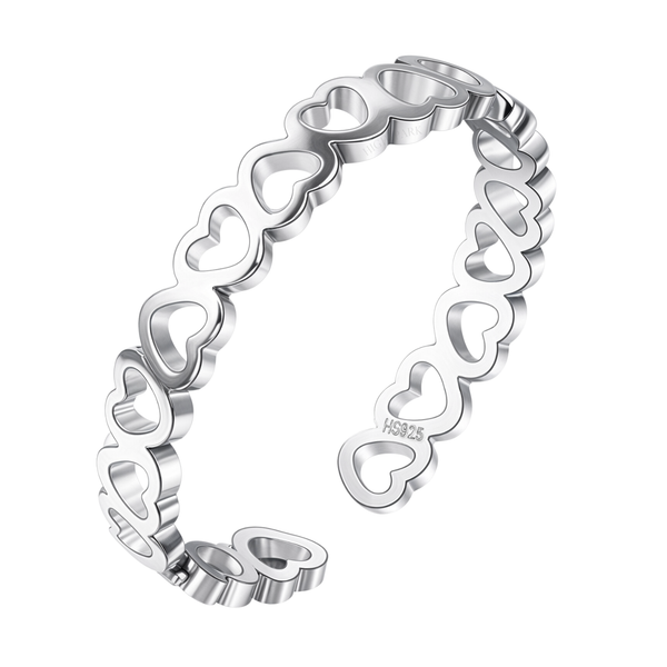 An adjustable sterling silver ring featuring a band made of connected, open-work heart shapes, shown on a white background.
