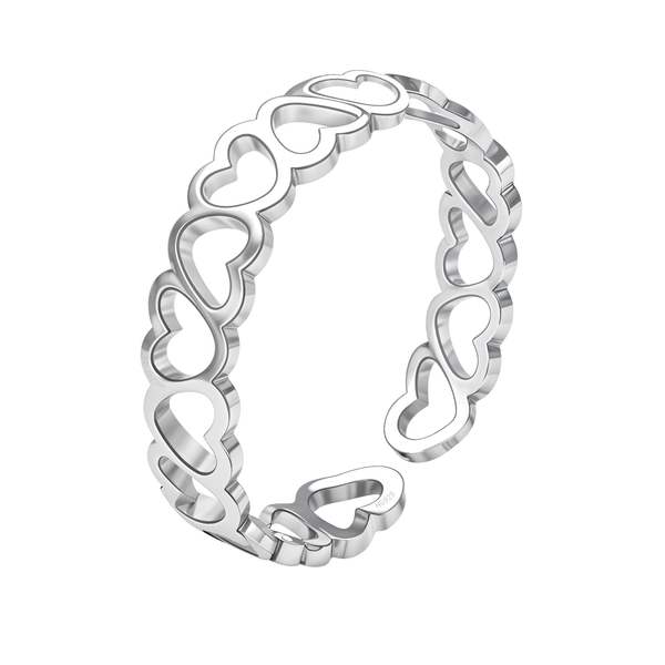 An adjustable toe ring made of connected heart-shaped cutouts in polished sterling silver, shown on a white background.