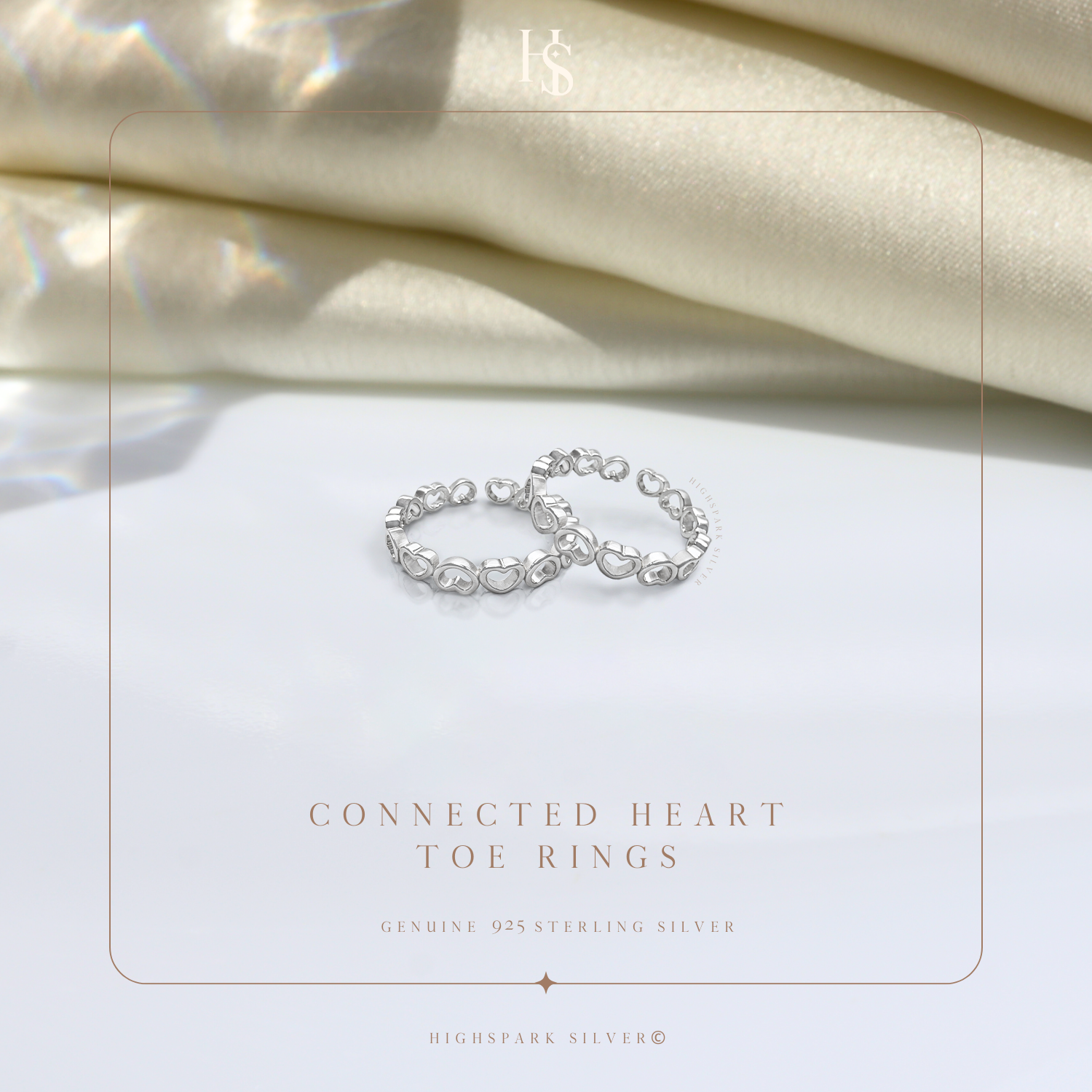 Connected Heart Toe Rings - Adjustable in 925 Sterling Silver - 2 Piece HighSpark