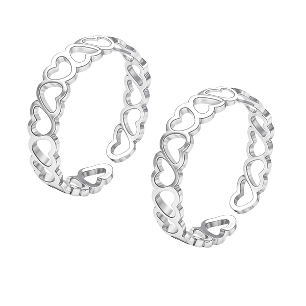 A pair of adjustable toe rings made from a continuous band of connected heart cutouts in sterling silver, shown on a white background.